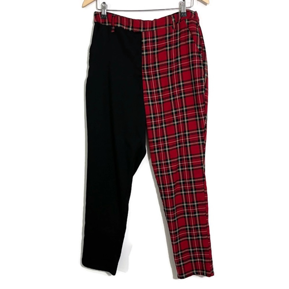 Hot Topic Pants Juniors Large Red Tartan Plaid Black Split Leg Stretch Waist - Picture 1 of 4